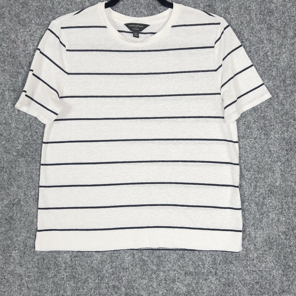 anana Republic Linen Blend Striped T Shirt White Navy Short Sleeve Women's M